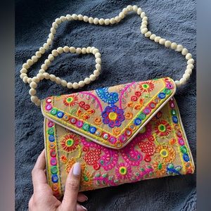 Hand embroidered boho colourful clutch bag